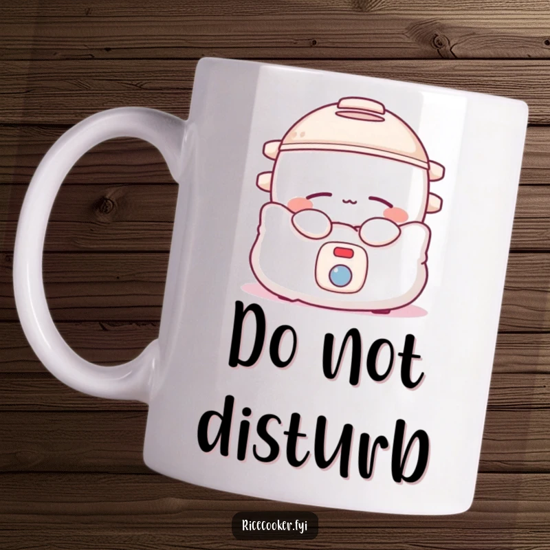 Funny sleepy rice cooker mug snuggled in a tiny pillow with closed eyes, conveying ultimate coziness.