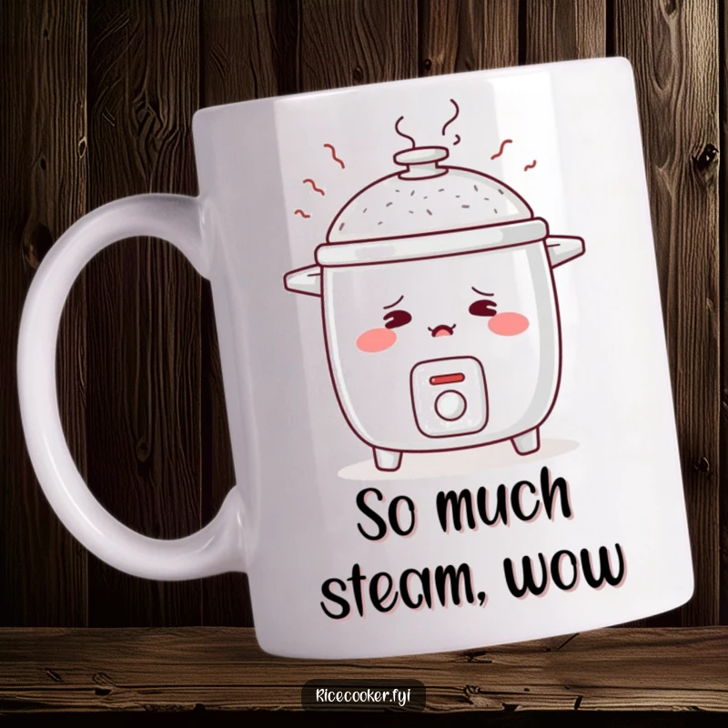 Funny mug depicts a blushing rice cooker with rosy cheeks, steam gently rising like shy sighs, conveying sweet embarrassment.