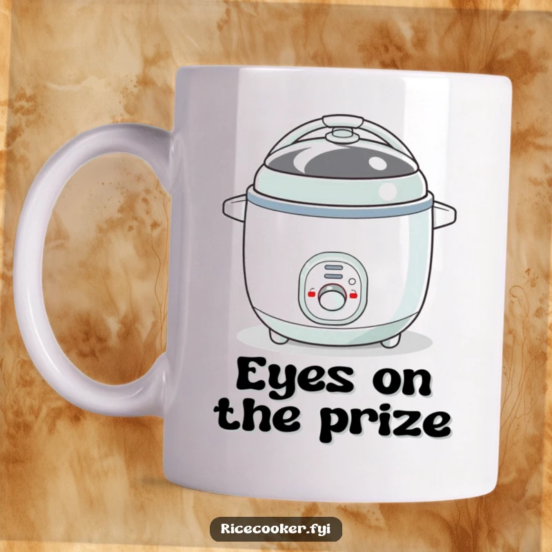Funny mug featuring a bouncy rice cooker with its main button blinking like a curious eye. A playful and charming design for a fun gift.