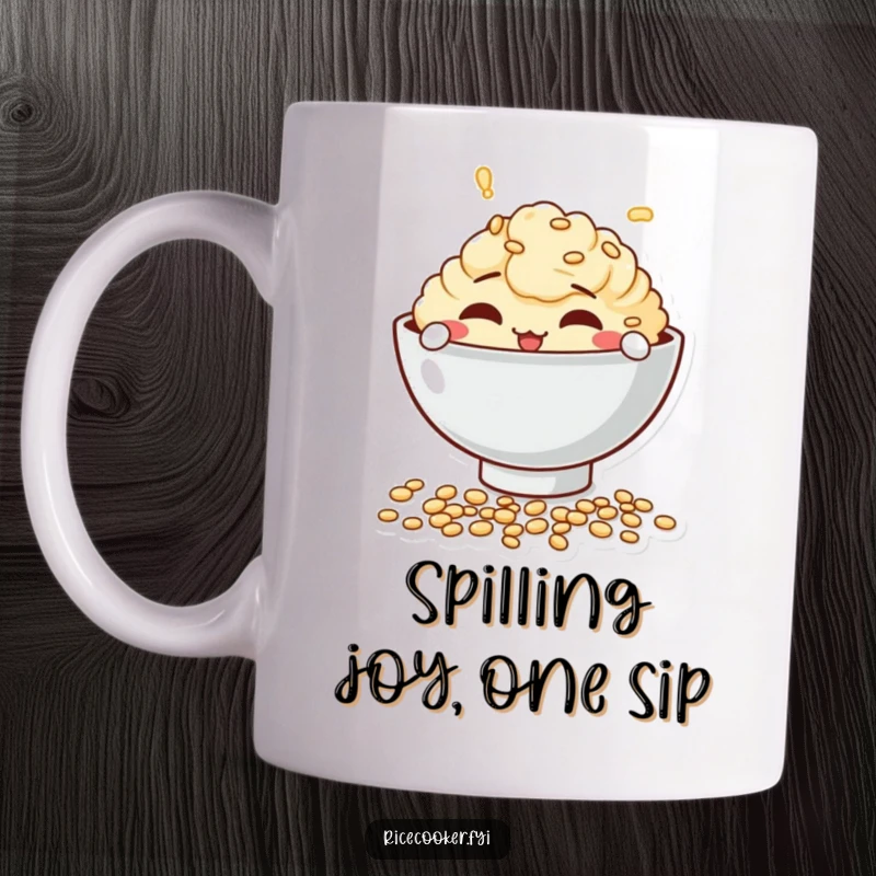 Funny mug featuring a mischievous bowl character playfully spilling a few uncooked grains, adding a touch of kitchen chaos.
