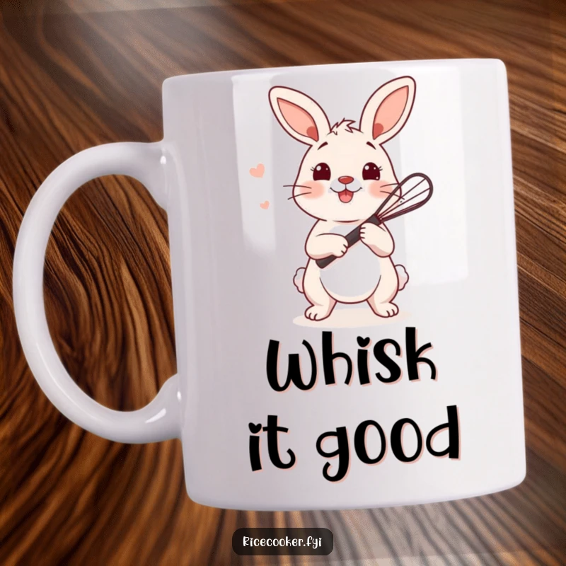 Funny bunny mug featuring a playful bunny holding a tiny whisk, ready to stir rice, exuding culinary cuteness.