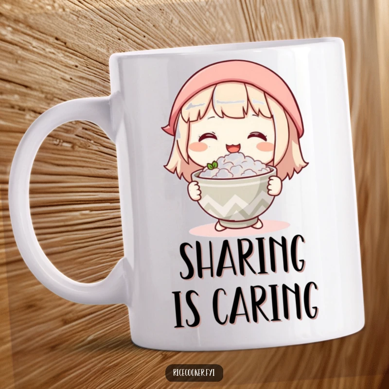 Funny mug showing a character gently offering a warm bowl of rice with a kind smile, embodying comfort and generosity.