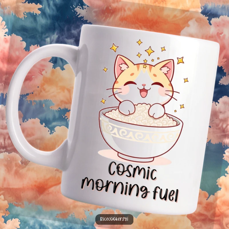 Funny cat mug showing a delighted cat magically sprinkling glowing stars onto a steaming bowl of freshly cooked rice.