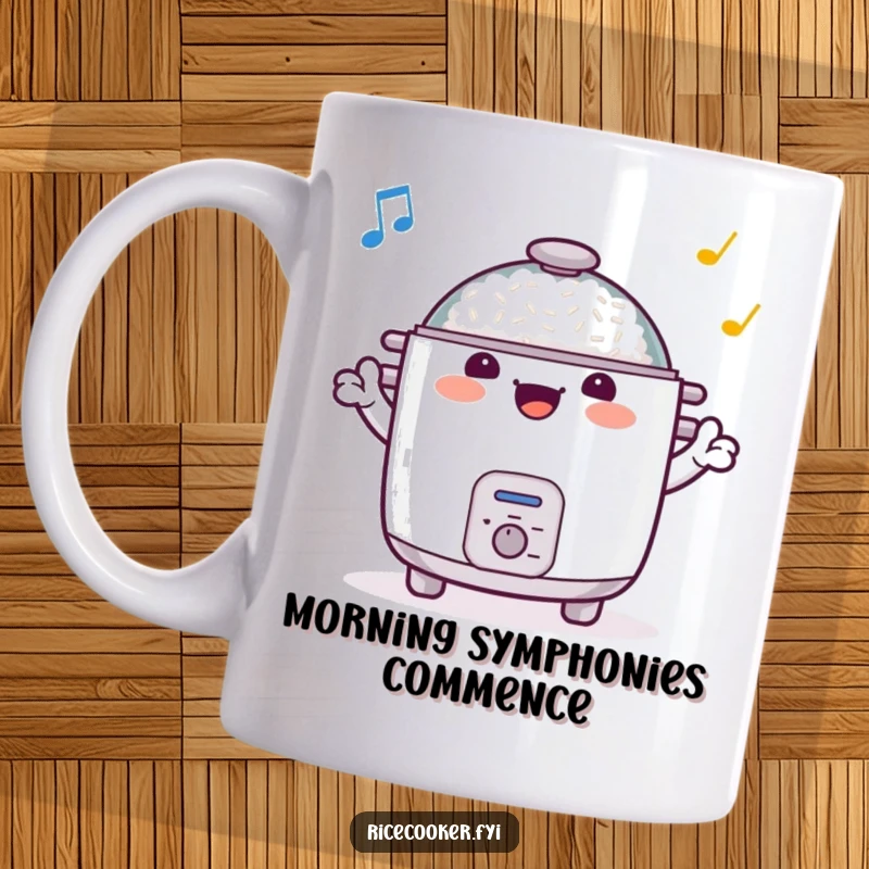 Funny mug shows a cheerful rice cooker energetically waving its arms like a conductor leading an orchestra, a joyful kitchen companion.