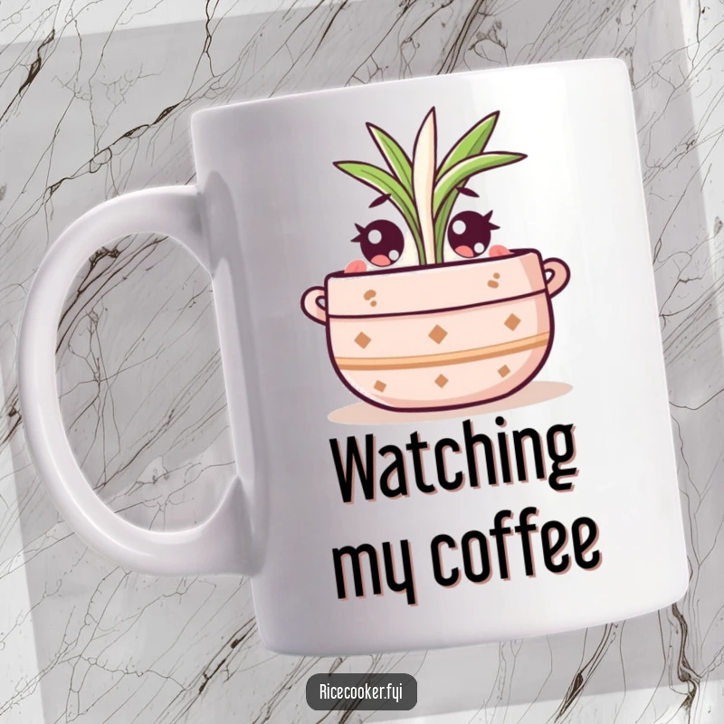 Funny mug showing a cute pot character with wide, amazed eyes, attentively watching a delicate rice sprout grow.