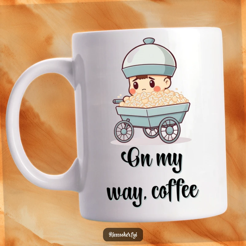 Funny mug shows a determined rice cooker intently pushing a small cart overflowing with rice, embodying focused effort.