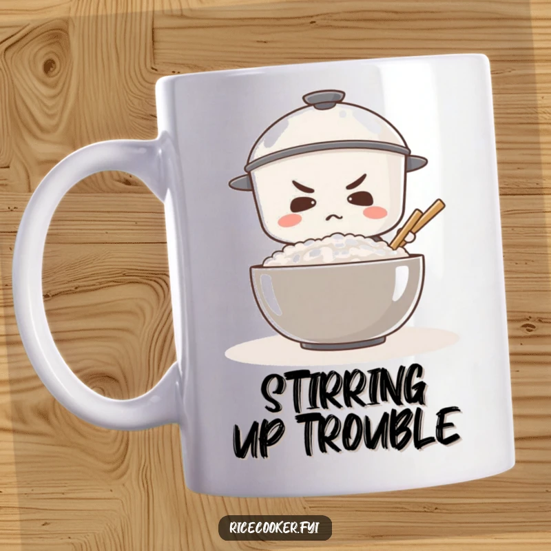 Funny mug showing a determined rice cooker attempting to stir a giant bowl of rice, inspiring perseverance.