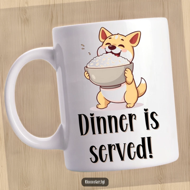 Funny dog rice mug. A happy dog excitedly presents a giant bowl of steaming rice with a dramatic flourish.