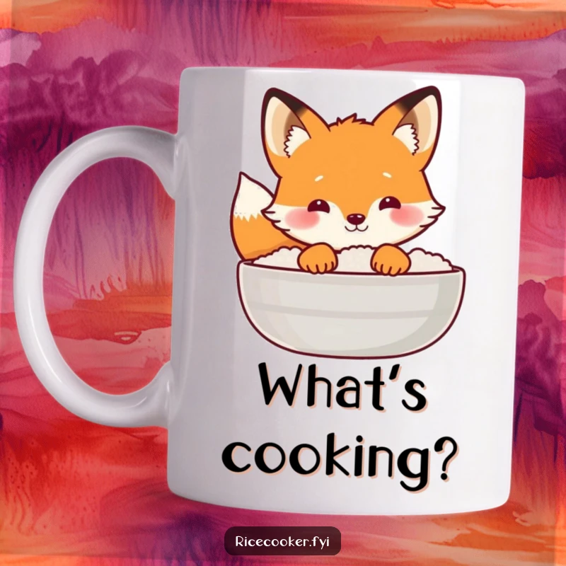 Funny fox mug featuring a curious fox peeking out from behind a steaming rice lid, adding a sense of playful mystery.