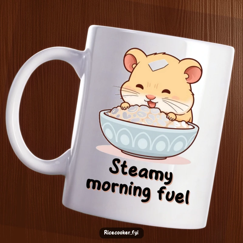 Funny hamster mug, eagerly sniffing a steaming bowl of rice, looking utterly delighted and content, food-lover theme, cute pet graphic.