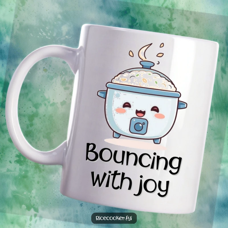 Funny rice cooker mug, happy appliance character bouncing with steam erupting from its lid.