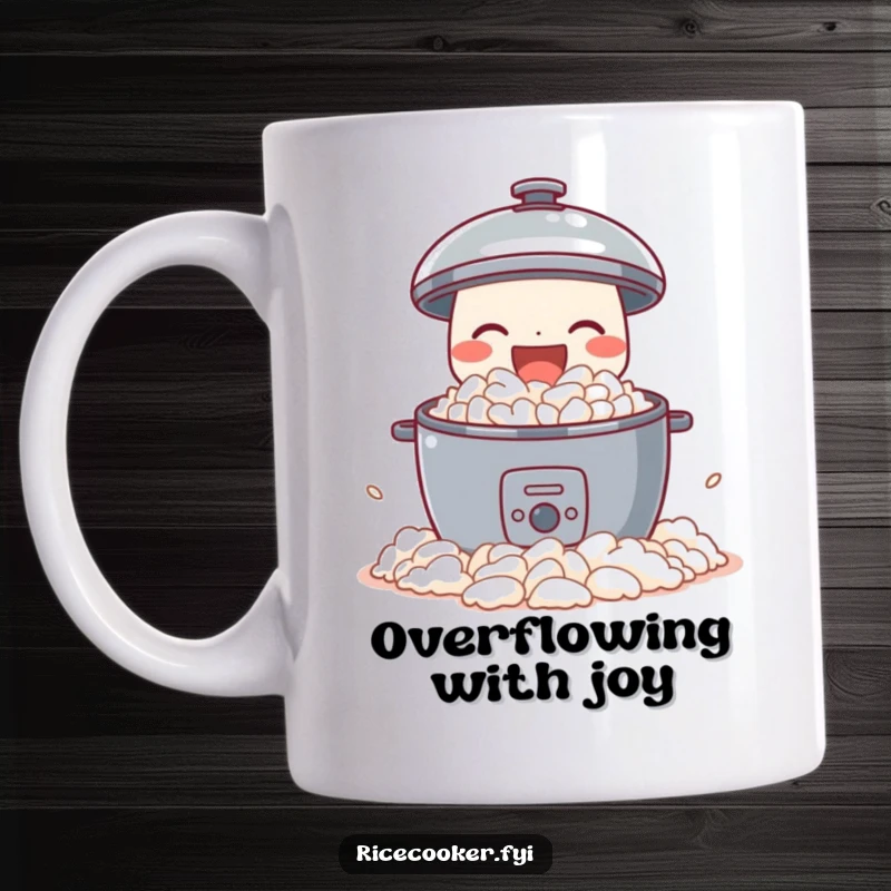 Funny mug showing a delighted rice cooker joyfully spilling perfect fluffy rice, an abundant and humorous kitchen character.
