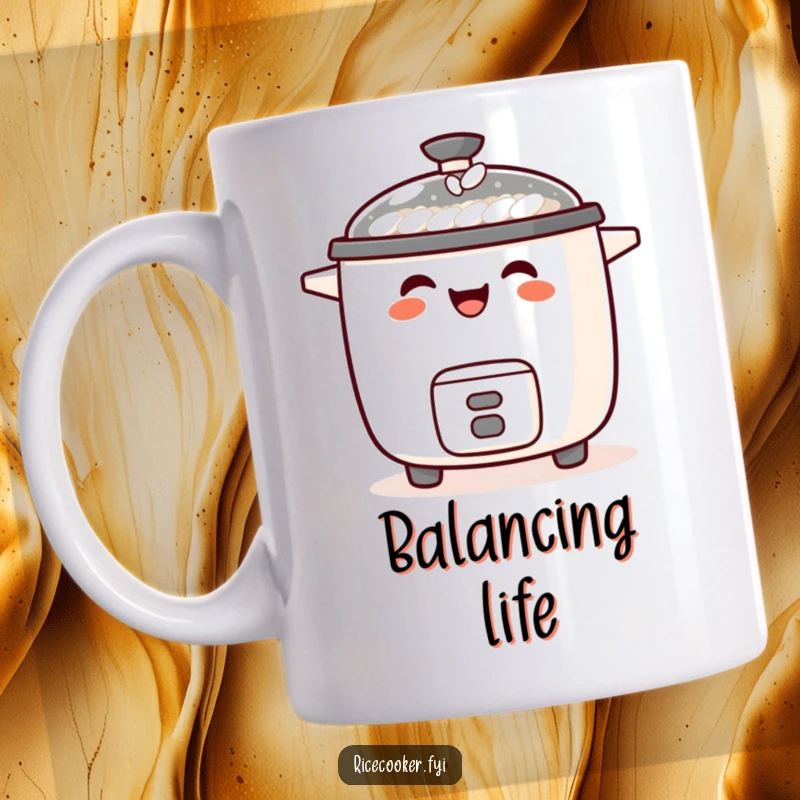 Funny mug depicting a laughing rice cooker with a single grain of rice perfectly balanced on its spout.