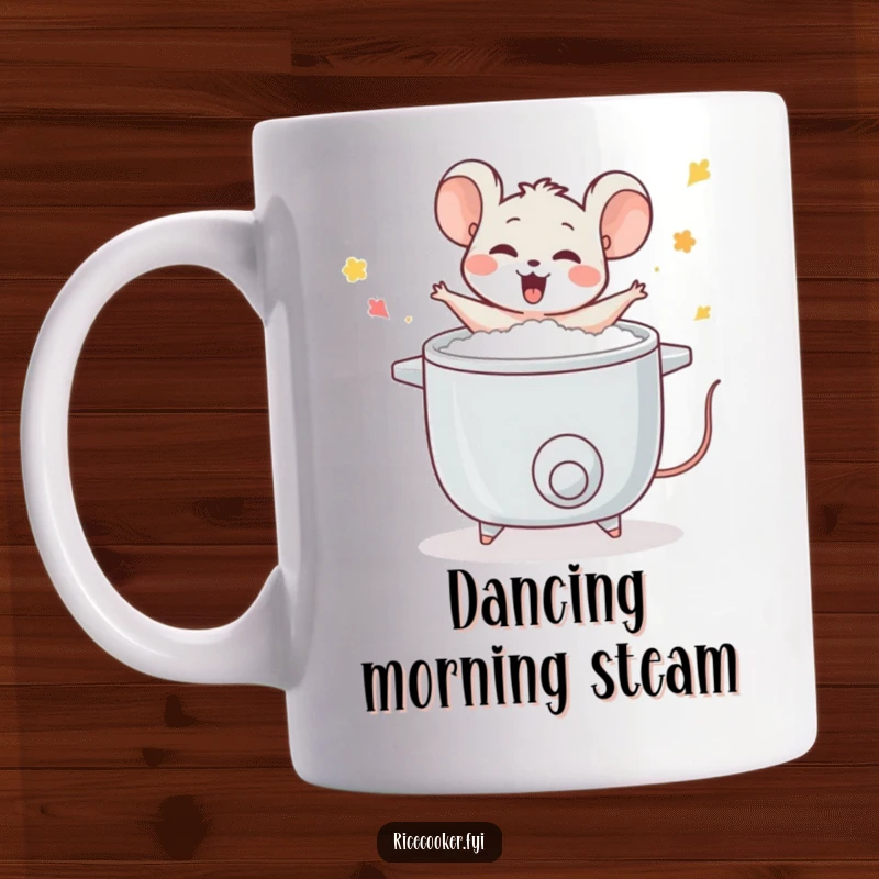 Funny mouse mug, joyfully dancing around a steaming rice cooker, conveying happiness and excitement about food, kitchen celebration theme.