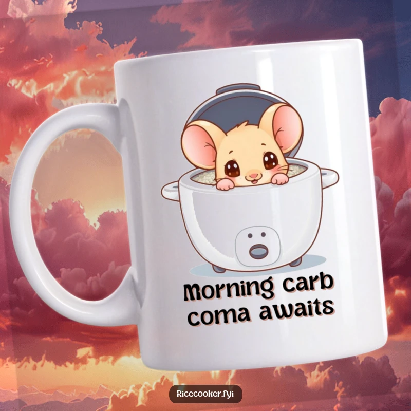 Funny mouse peeking curiously into a steaming rice cooker, wide eyes full of wonder, a delightful kitchen scene.