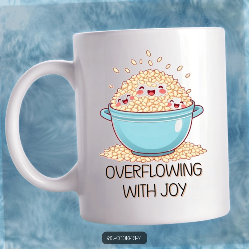 Funny overflowing rice mug showing a pot of rice with many tiny, smiling grain faces erupting in laughter, pure culinary joy.