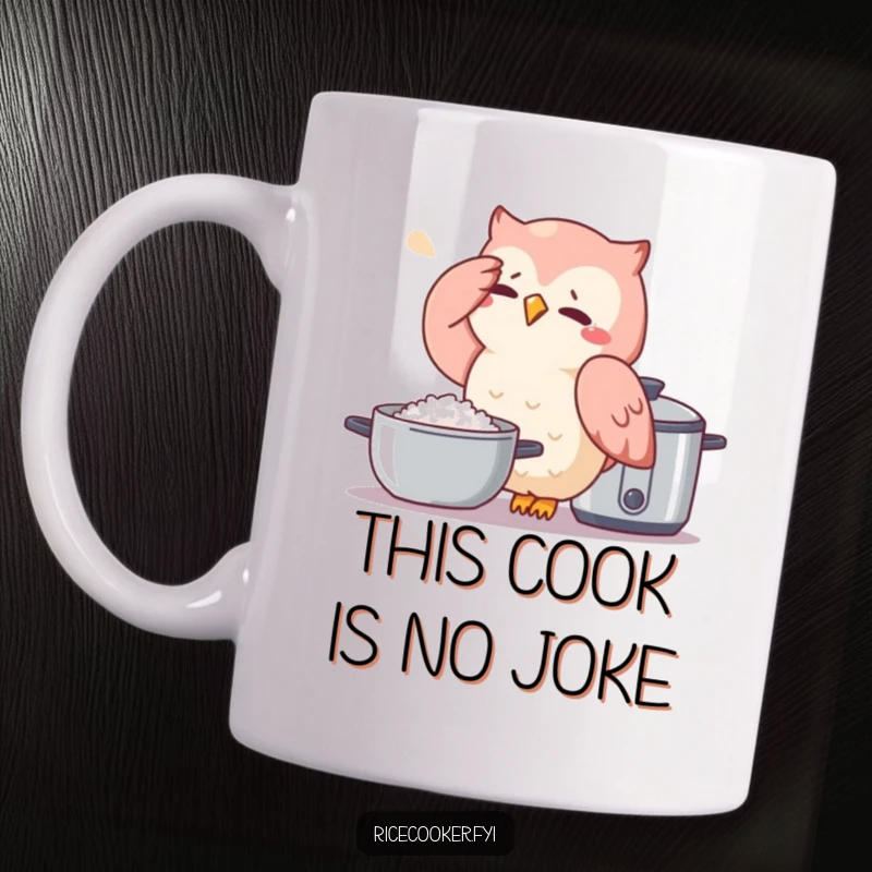 Funny owl mug showing a stressed owl wiping sweat next to a steaming rice cooker, expressing cooking frustration humorously.