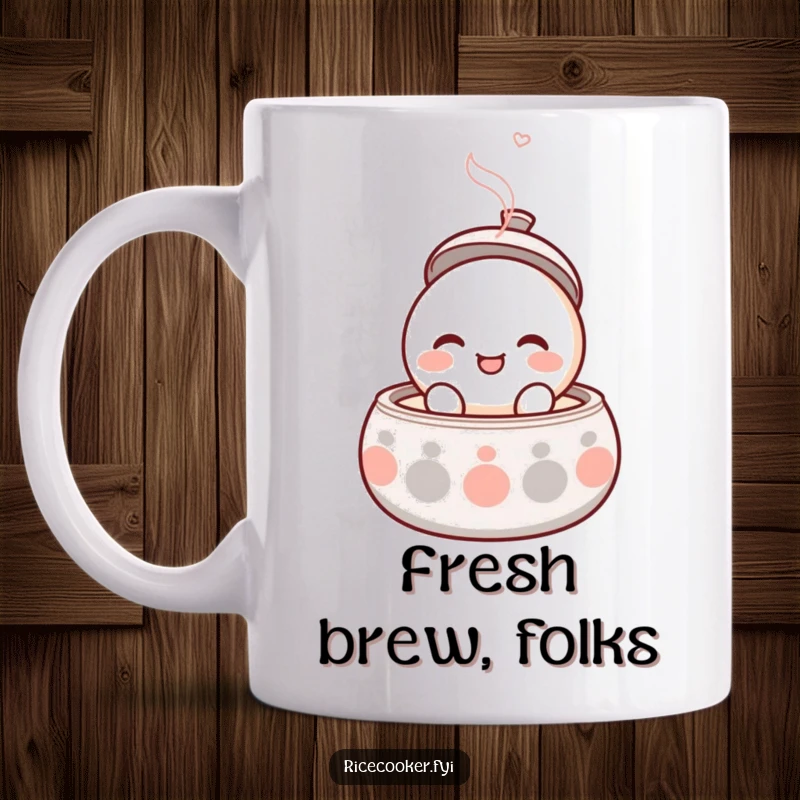 Funny mug of a round, smiling character happily popping open its lid with gentle steam rising, symbolizing joy.