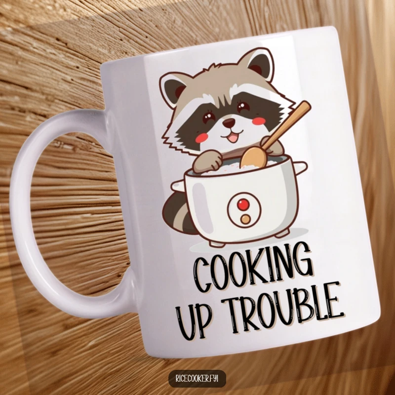 Funny raccoon mug showing a sneaky raccoon tapping a rice cooker with a wooden spoon, plotting culinary mischief.