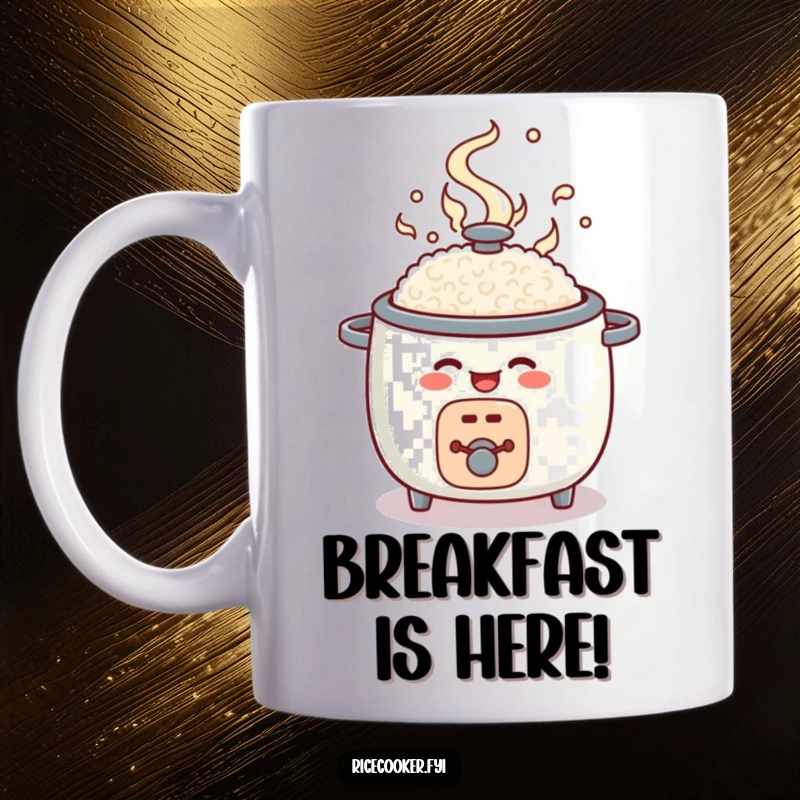 Funny rice cooker mug, round character joyfully popping open with swirling steam, kitchen appliance humor.