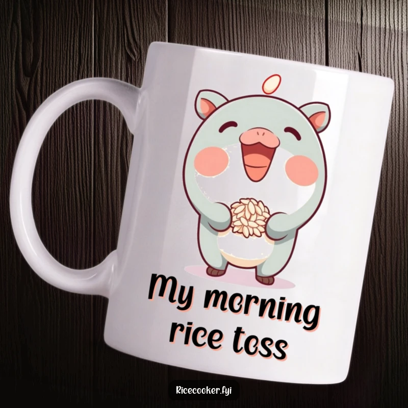 Funny Mug of a cartoon character grinning while playfully bouncing a single grain of rice on its spout, a humorous art piece.