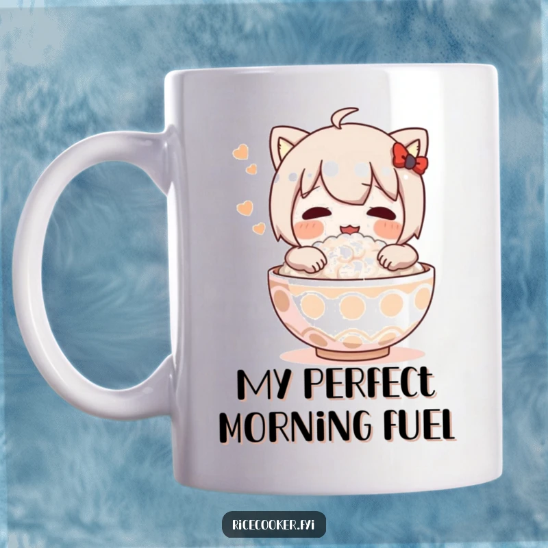 Funny mug featuring a character sighing contently while hugging a steaming bowl of rice, embodying pure comfort and deliciousness.