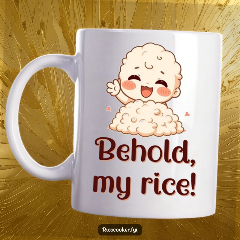 Funny Mug of a character joyfully gesturing with excitement towards a large, fluffy mound of rice, celebrating culinary delight.