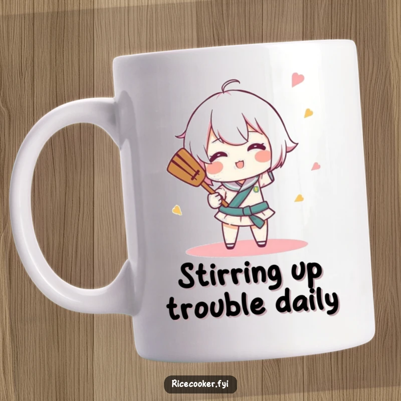 Funny mug with a character comically spinning a rice paddle like a tiny baton, conveying playful kitchen humor.