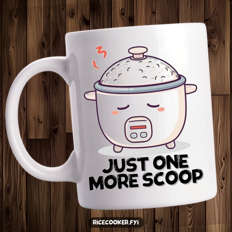 Funny sleepy rice cooker mug, lid ajar, dreaming of more rice, perfect for coffee or tea, a humorous kitchen gift.