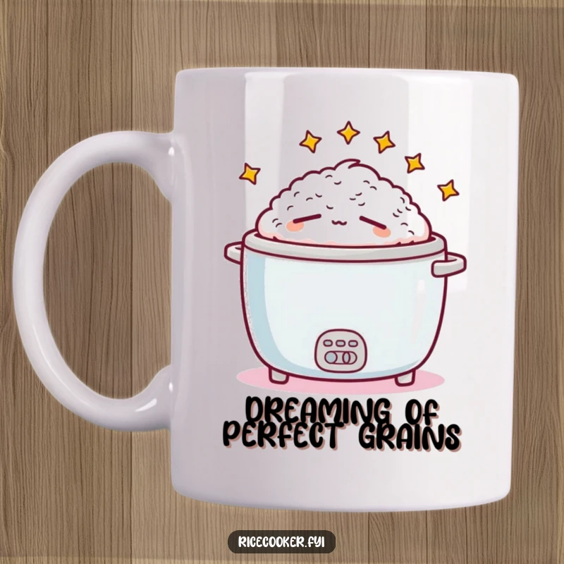 Funny sleepy rice cooker with stars above its head, dreaming of naps on a comfortable mug, perfect for a cozy morning.