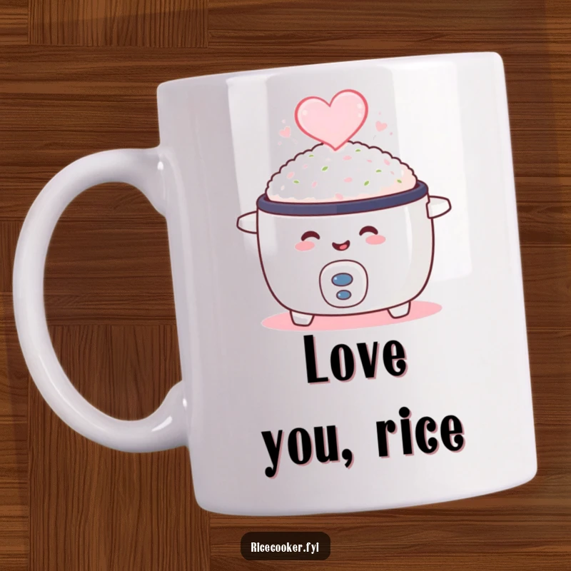 Funny mug with a smiling rice cooker emitting heart-shaped steam, symbolizing love and delicious meals.