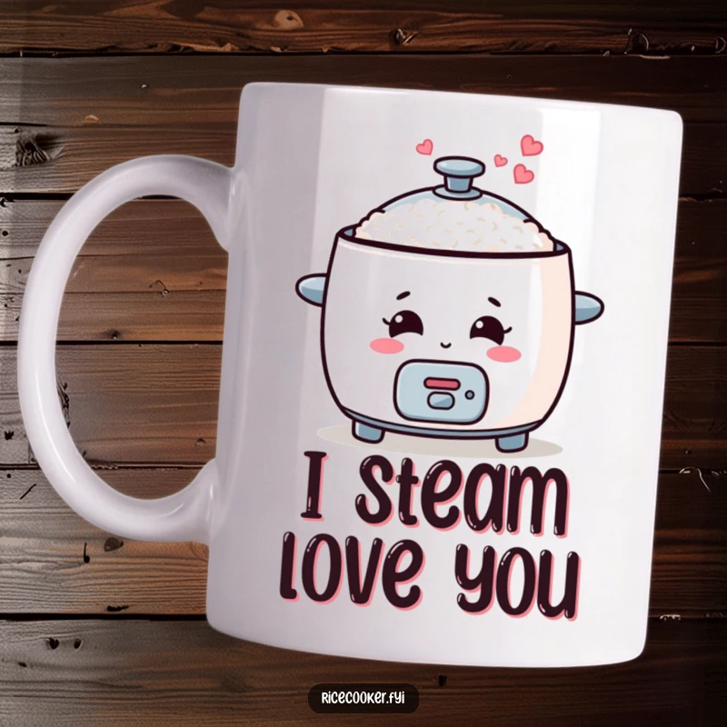 Funny smiling rice cooker mug with steam shaped like hearts, conveying love and warmth.