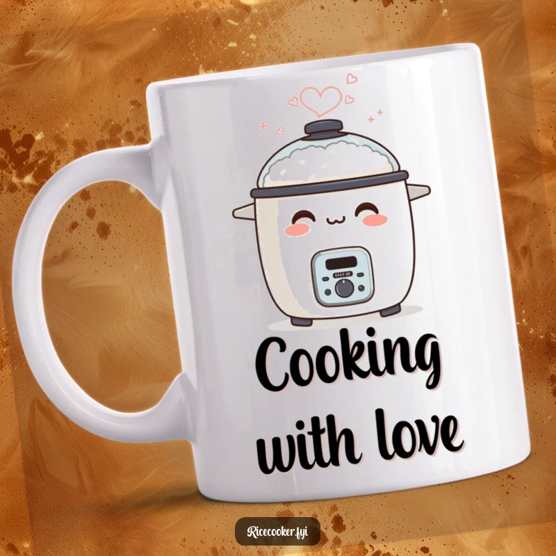 Funny mug featuring a happy rice cooker smiling broadly, with steam artfully forming a heart.