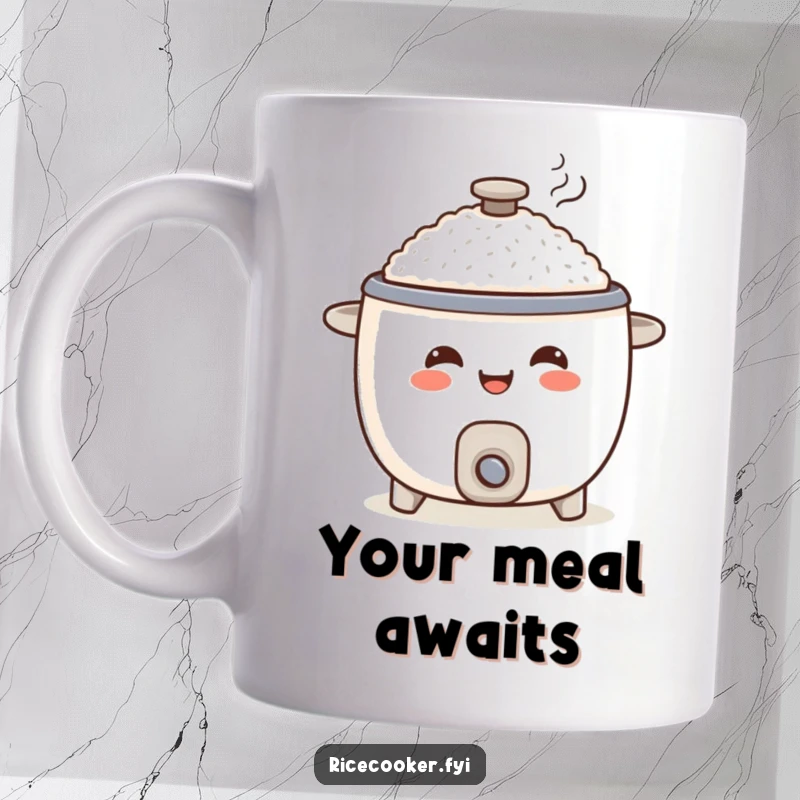 Funny rice cooker mug, smiling appliance character happily serving a steaming portion of food.