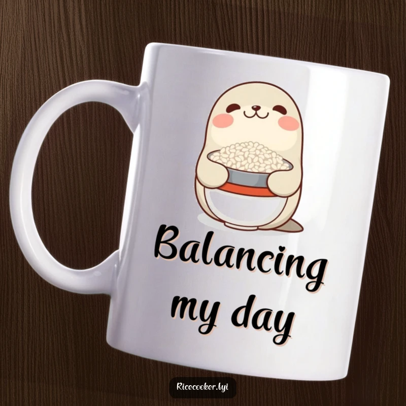 Funny mug with a smiling seal balancing a bowl of rice on its nose, showcasing impressive dexterity and happiness.