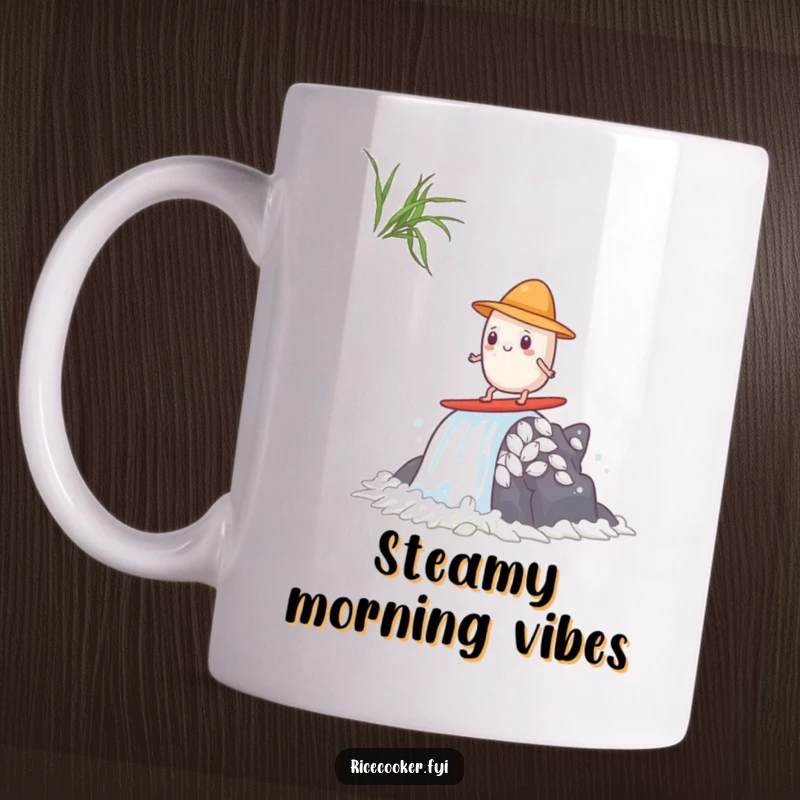 Funny mug showing a small rice grain wearing a tiny hat, bravely attempting to surf a powerful waterfall of steam.