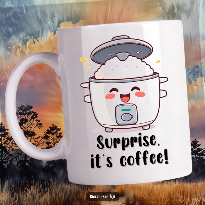 Funny mug showing a grinning rice cooker with its lid unexpectedly popping open in surprise, capturing a humorous kitchen moment.