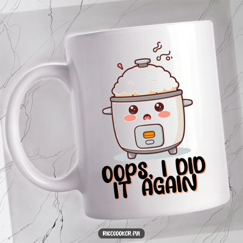 Funny surprised rice cooker mug with smoke puffing out, depicting a comical kitchen accident. Ideal for gifting.