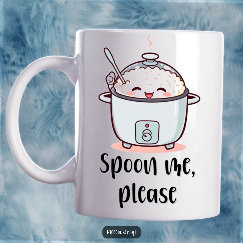 Funny mug of a happy rice cooker enthusiastically waving a tiny spoon.