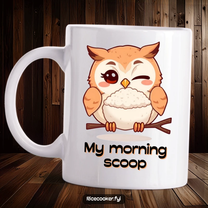 Funny mug with a winking owl holding a perfectly cooked rice ball, showing off its culinary skills with a playful wink.