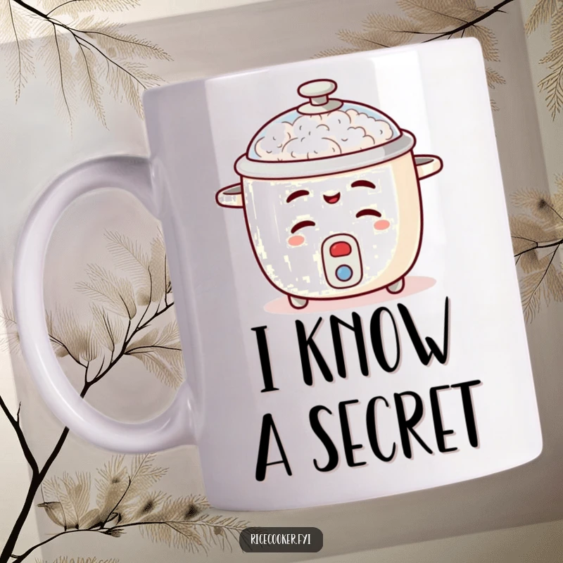 Funny mischievous rice cooker mug winking with its lid slightly ajar, hinting at playful secrets.