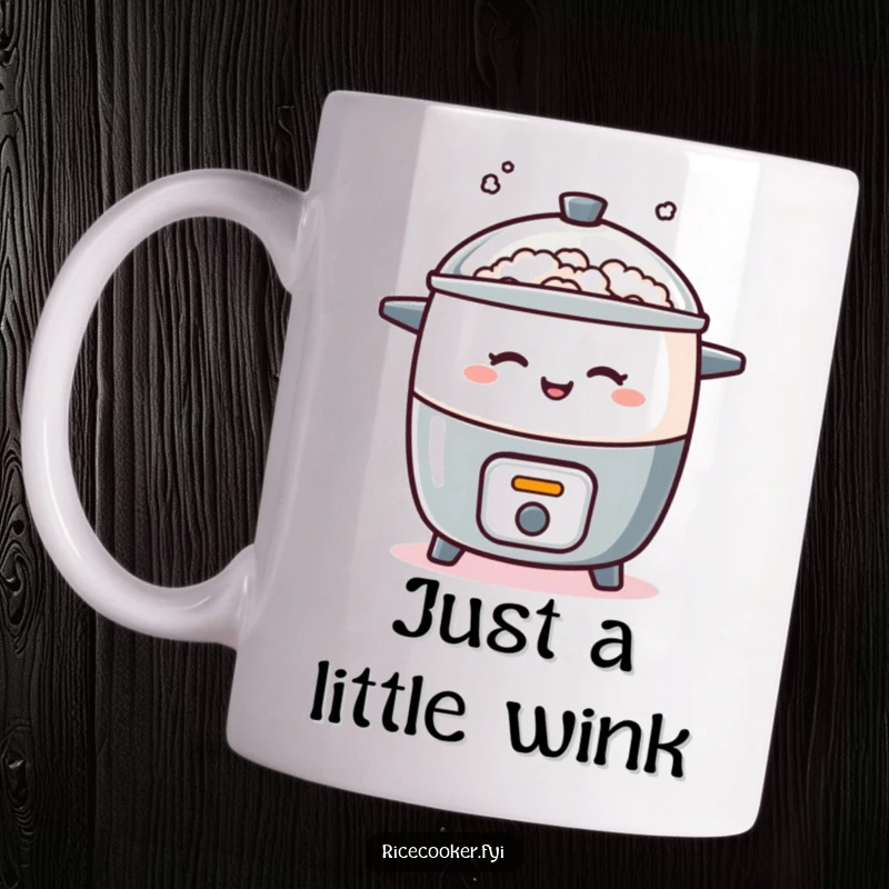 Funny mug showing a rice cooker playfully winking with a puff of steam, a mischievous and humorous kitchen character.