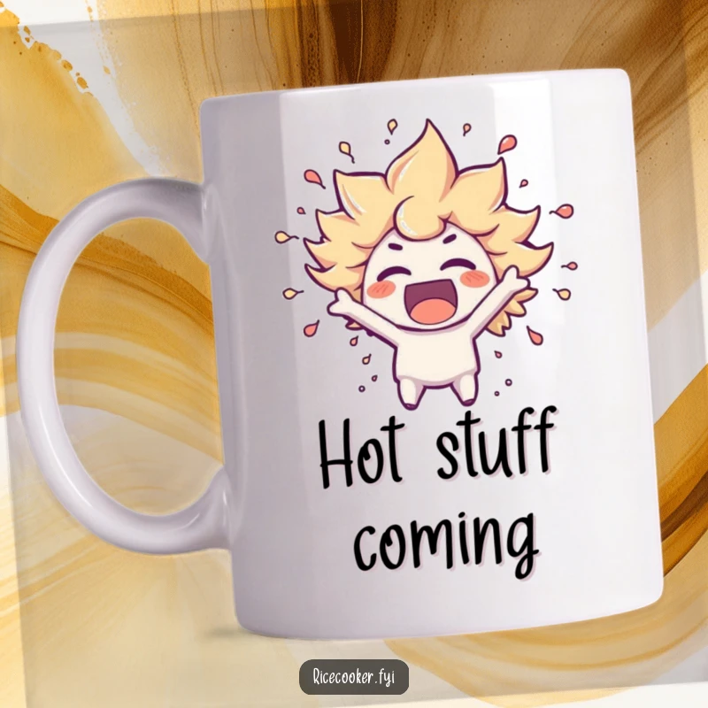 Funny mug featuring a character exploding with excitement, steam swirling around its head, showing intense joy and energy.