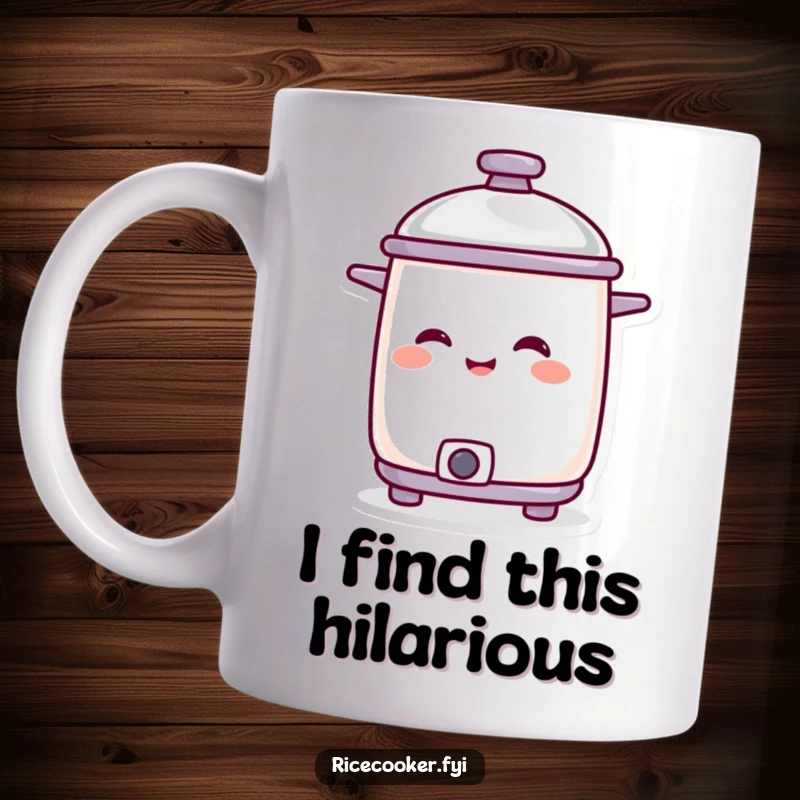 Funny smiling rice cooker character with its lid tilted in amusement on a mug, radiating warmth.