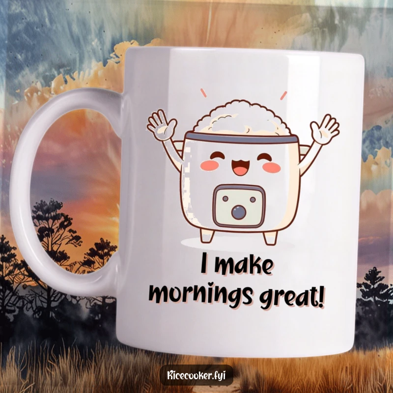 Funny mug featuring a happy rice cooker with small arms enthusiastically waving hello. A delightful and energetic design for a joyous gift.