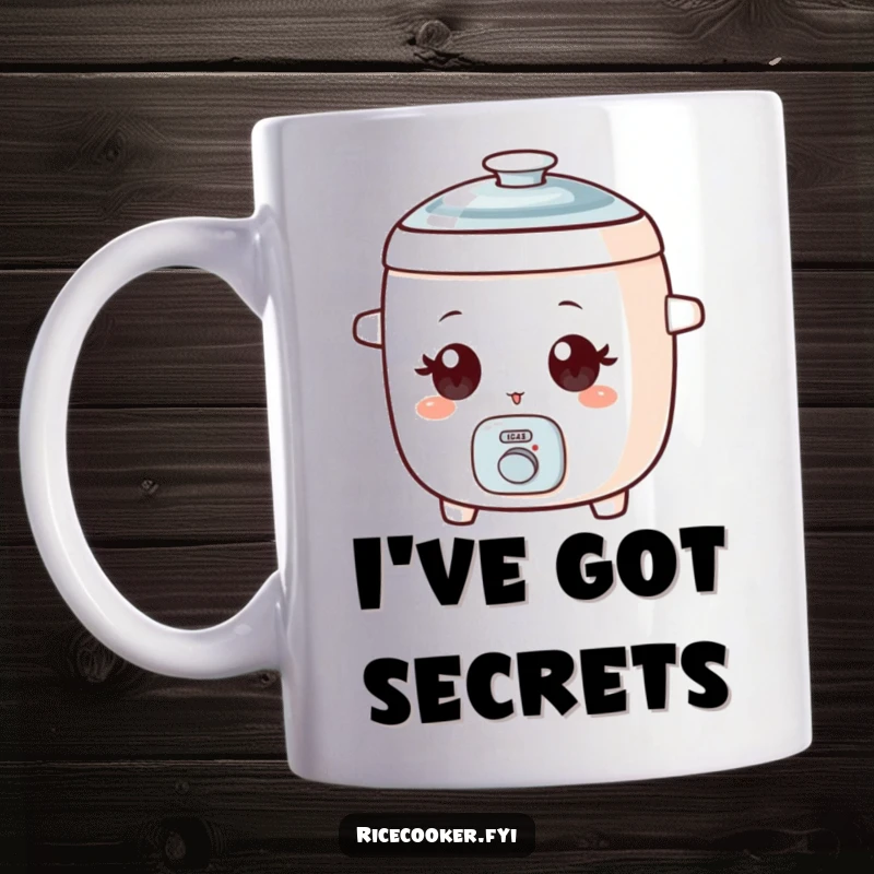 Funny mug featuring a small, cute rice cooker character with wide eyes playfully winking.