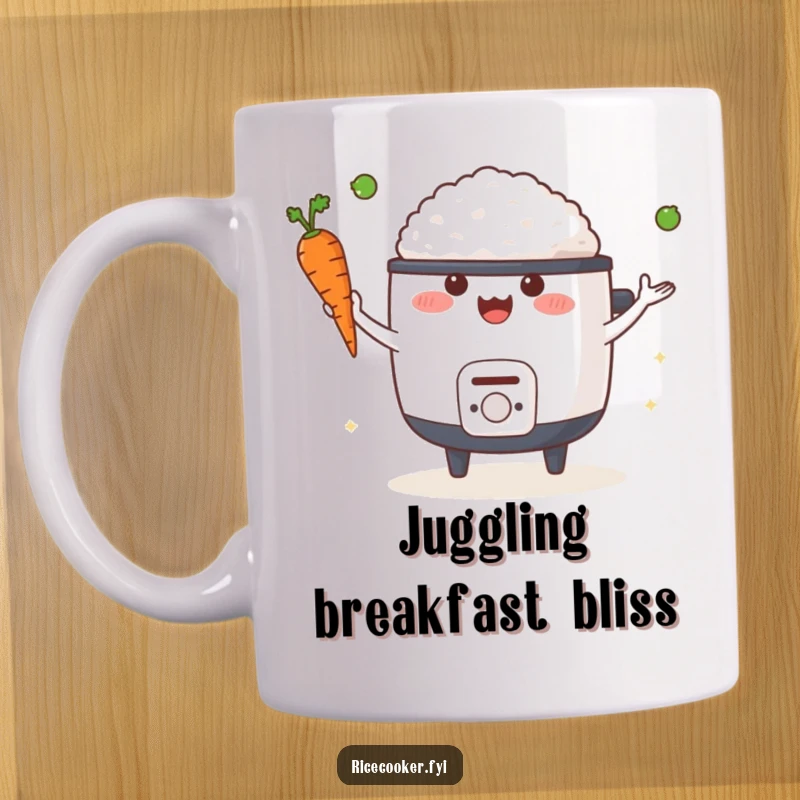 Funny mug showing a happy rice cooker skillfully juggling a carrot and a pea, symbolizing culinary talent and humor.