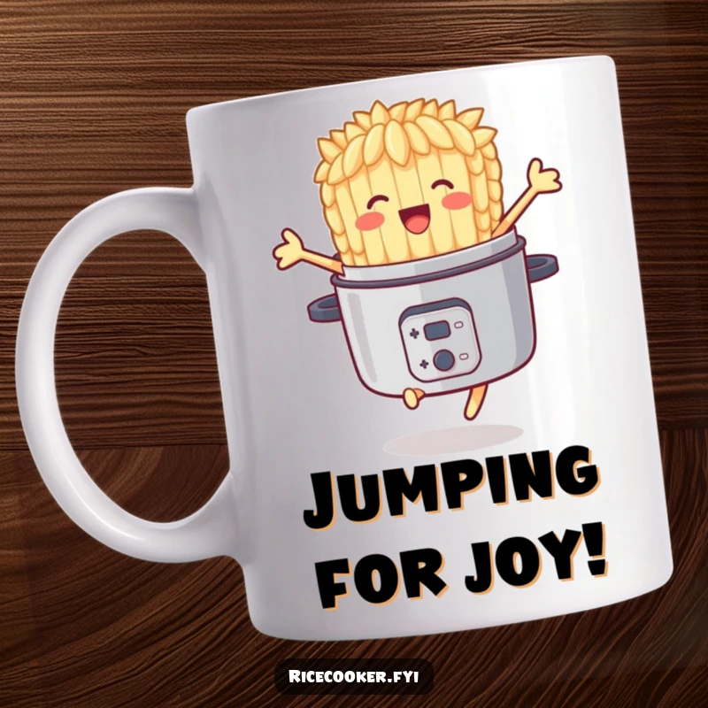 Funny mug showing a delighted rice grain character joyfully jumping out of a rice cooker, celebrating culinary success.