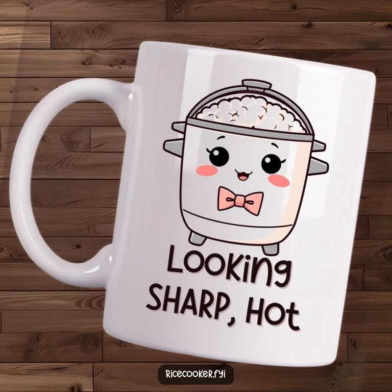 Funny mug featuring a proud rice cooker wearing a smart bow tie, looking dapper. A sophisticated and humorous design, perfect gift.