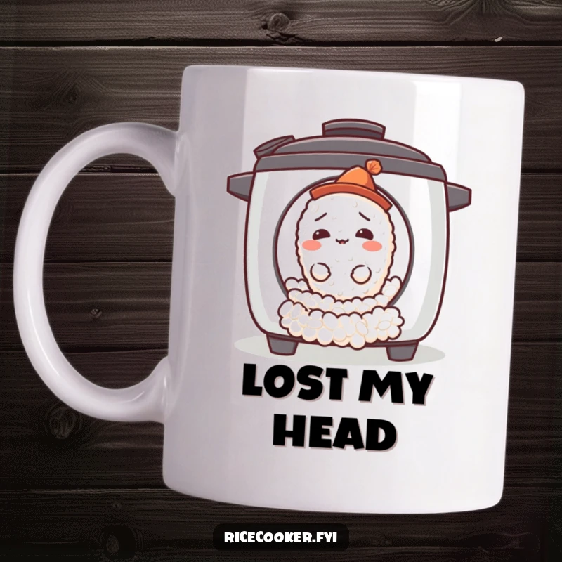 Funny confused rice grain mug showing a single grain rolling out of a rice cooker wearing a tiny hat, looking bewildered.